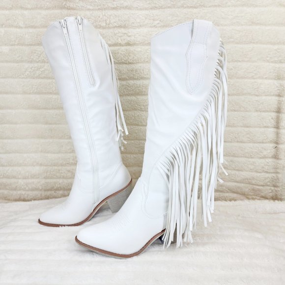 Wild One White Fringe Cowboy Cowgirl Boots Plus Plus size Friendly - Picture 3 of 13